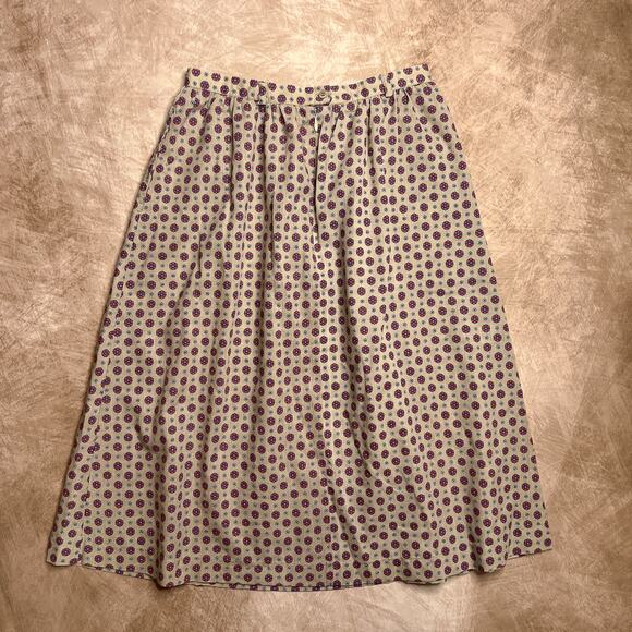 Vintage 70s Floral Polka Dot Print Midi Skirt Tan A Line Boho Retro Mod Hippie - Picture 1 of 7